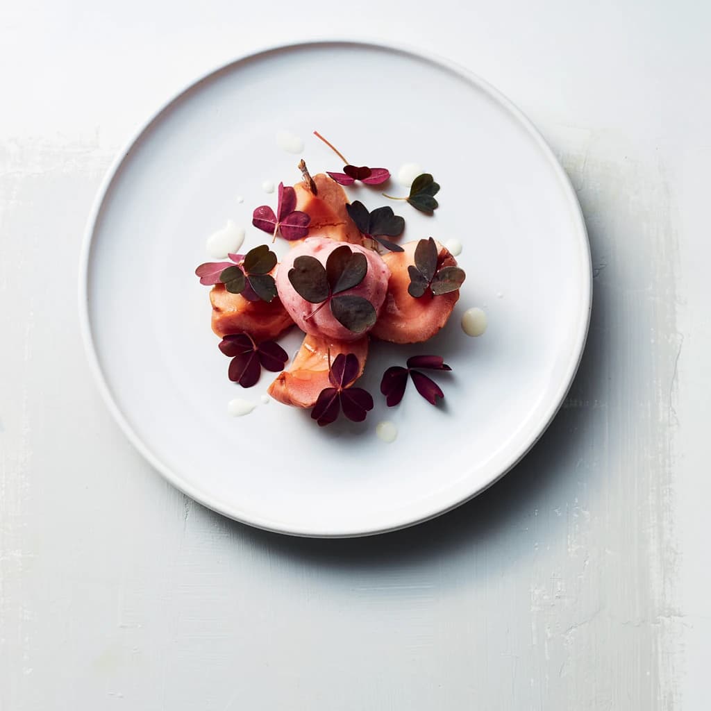 Semitorkat äpple med plommonsorbet och harsyra