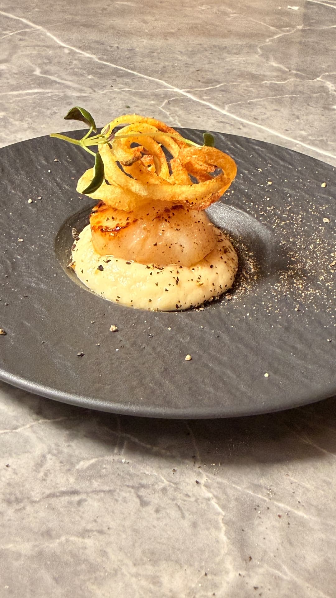 Pilgrimsmussla med blomkålspuré och shoestring fries