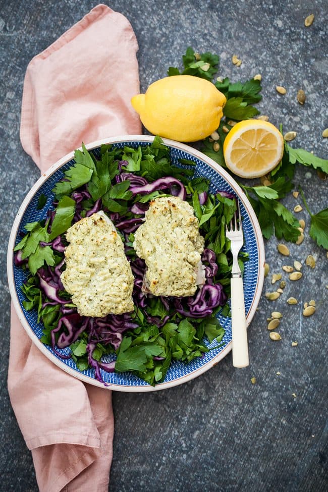 Torsk i ugn med pesto och fetaost