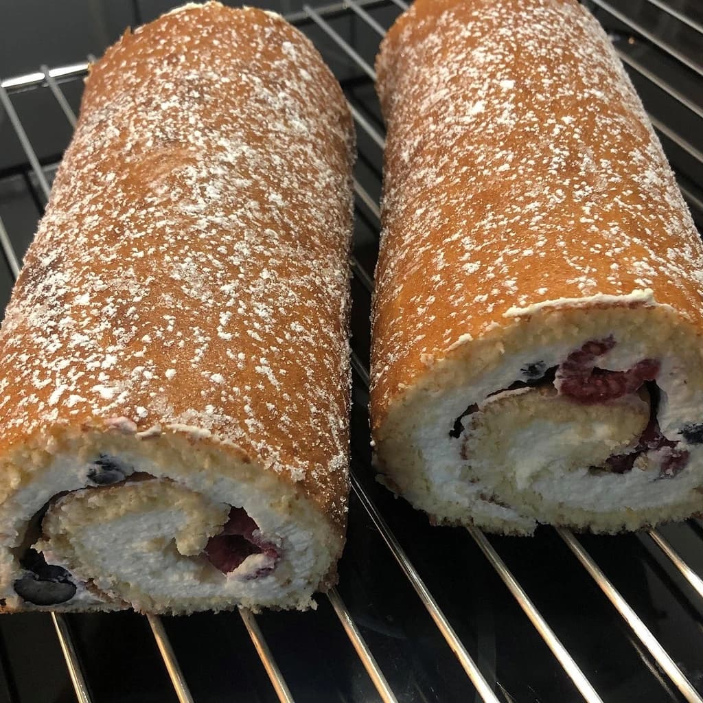 Rulltårta med mascarponegrädde, hallon och blåbär