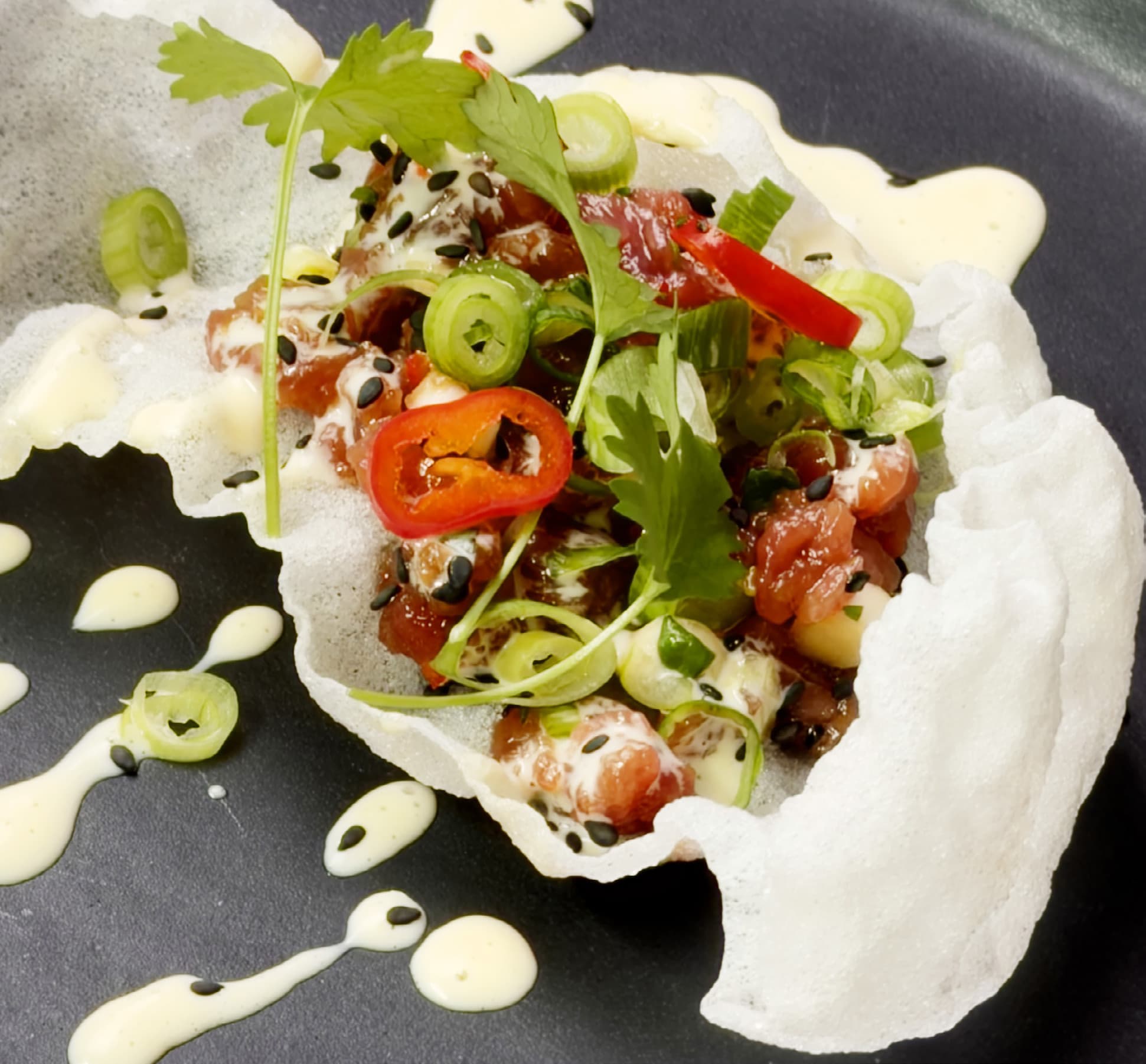 Asiatisk tartar på dovhjort med friterat rispapper, sesam och wasabi