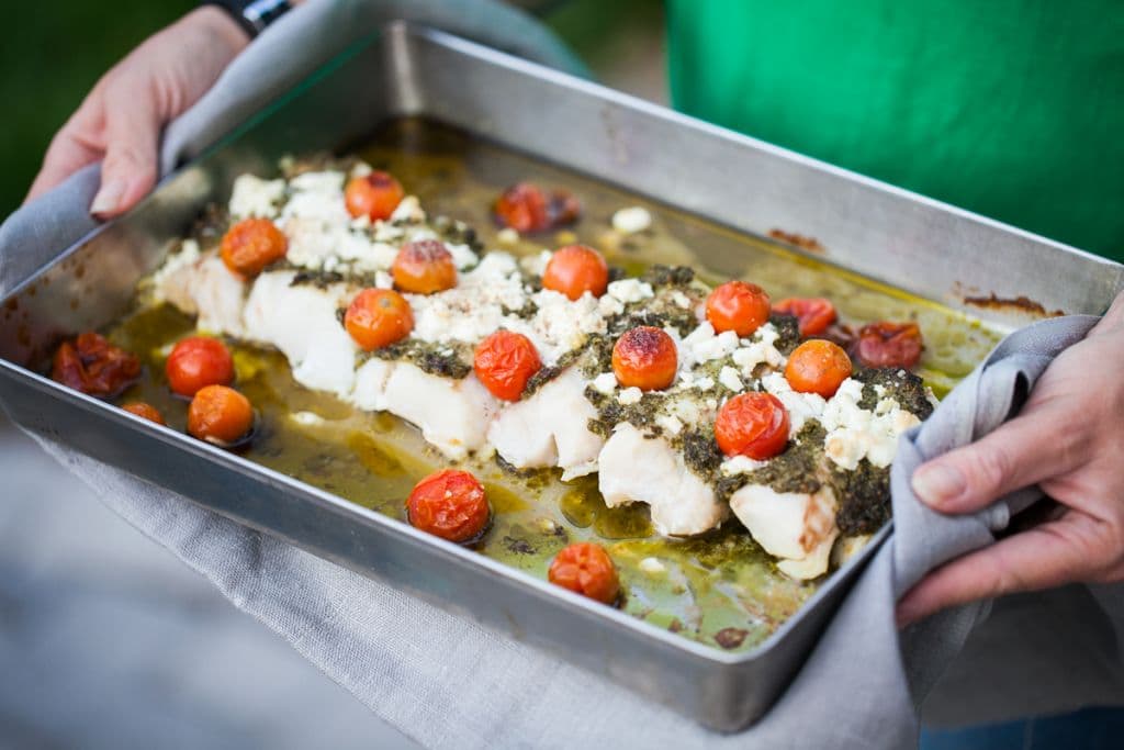 Torskrygg med pesto och fetaost
