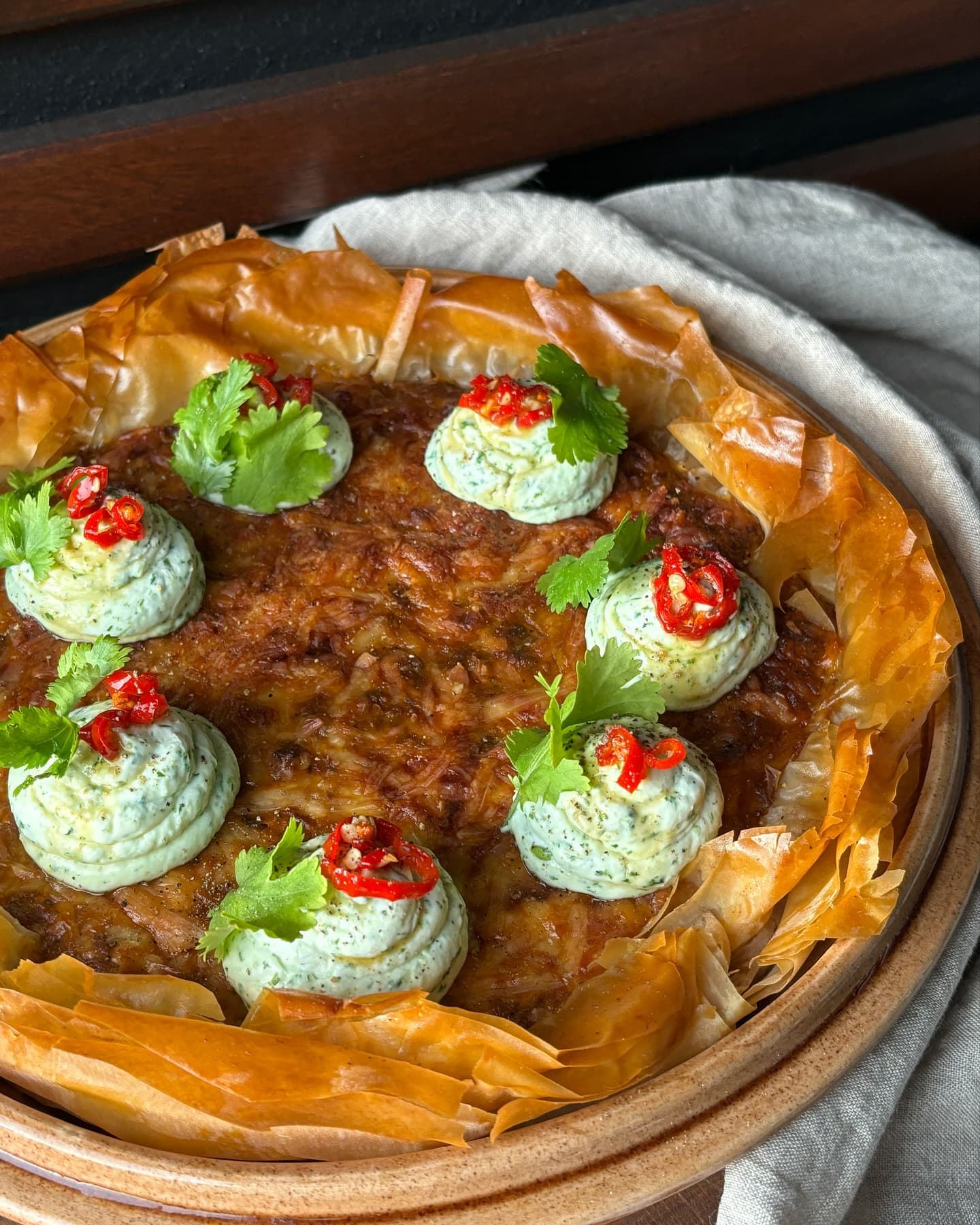 Filo taco paj med lime & koriander ricotta